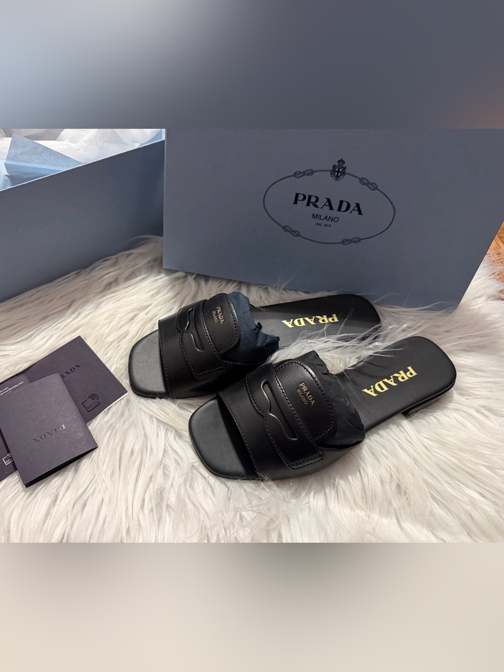Prada Black Leather Logo Slide Sandals with Gold Accent